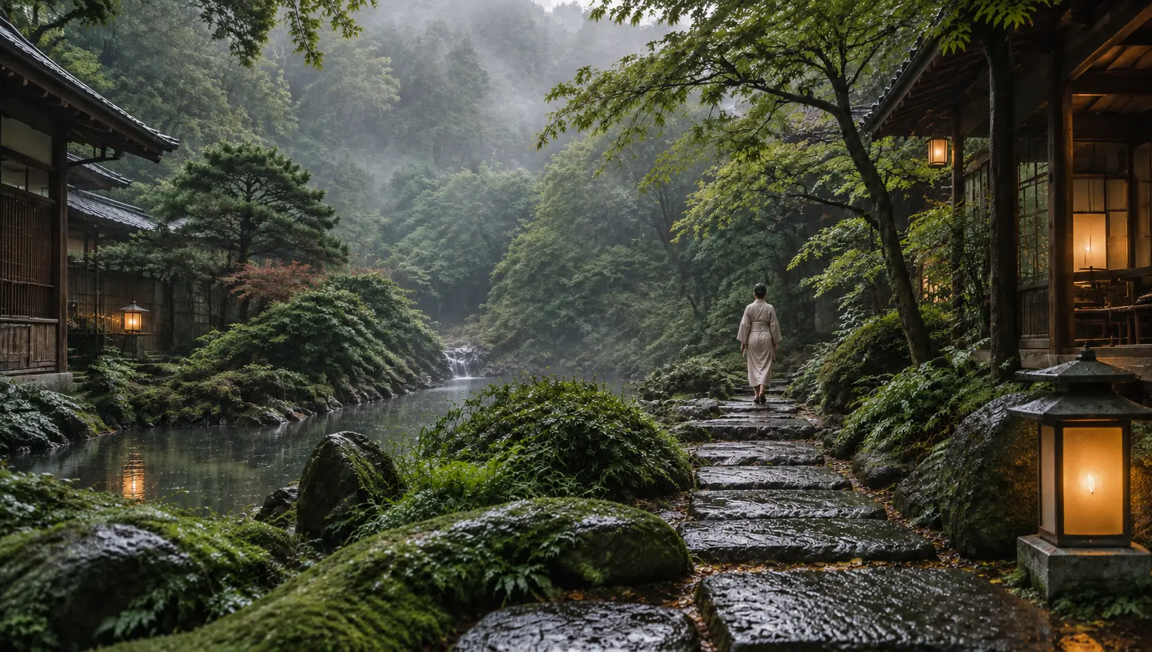 Quiet garden path at a traditional Kyoto retreat
