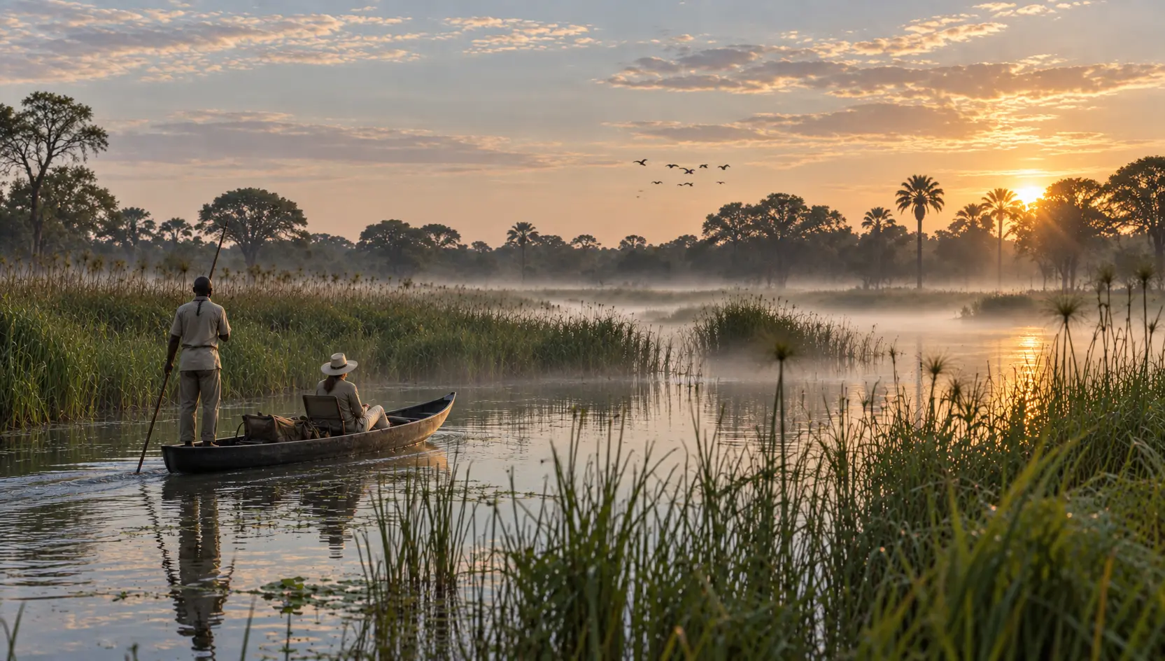Private mokoro journey through the Okavango Delta at sunrise