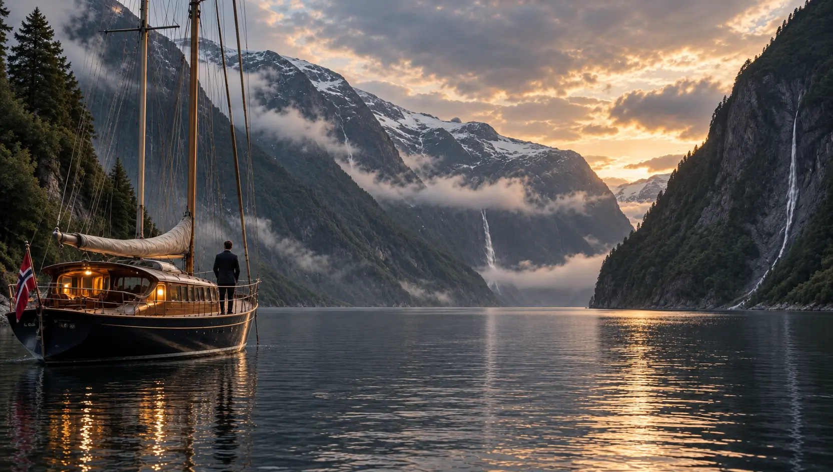 Private sailing yacht in a Norwegian fjord at dusk