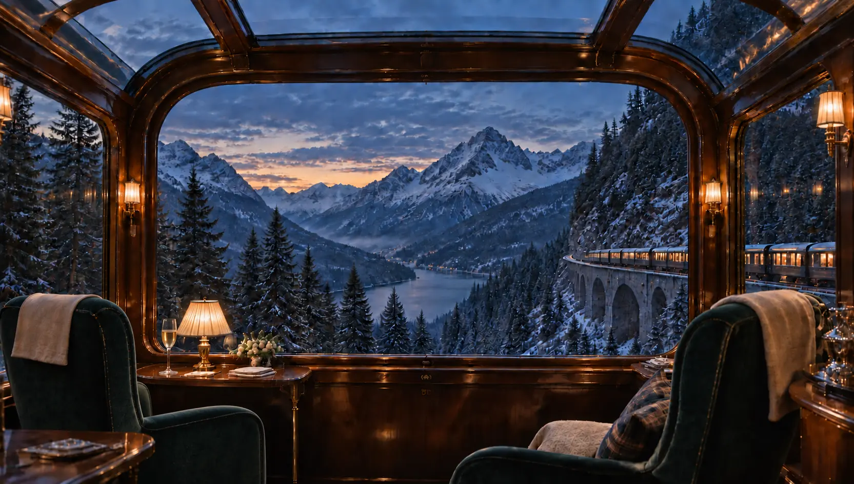 Luxury observation carriage crossing the snowy Alps