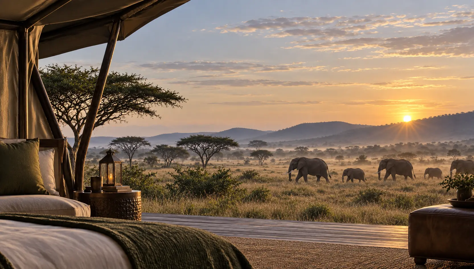 Elephants viewed from a private Serengeti camp at sunset