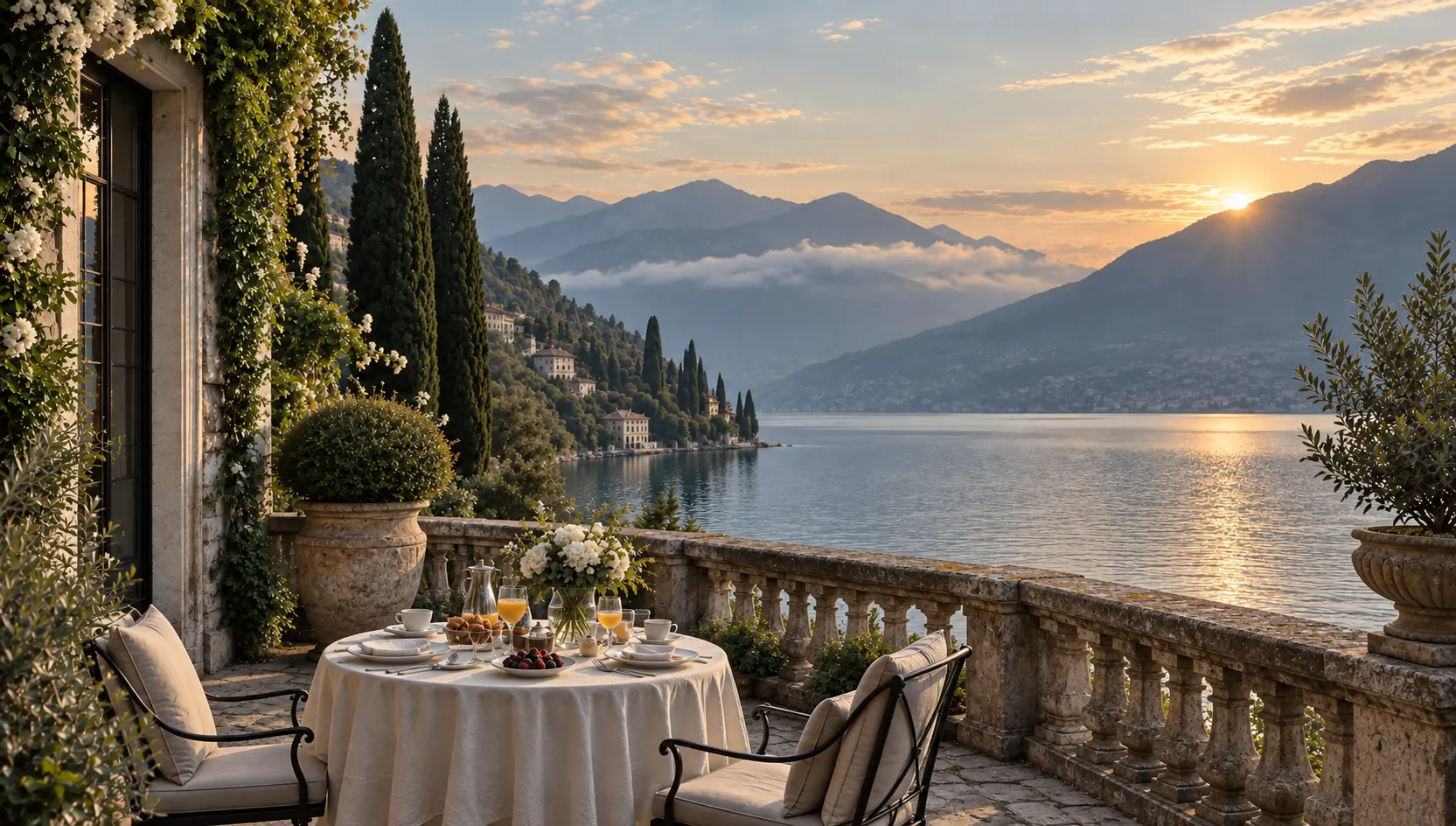 Breakfast terrace overlooking Lake Como at sunrise