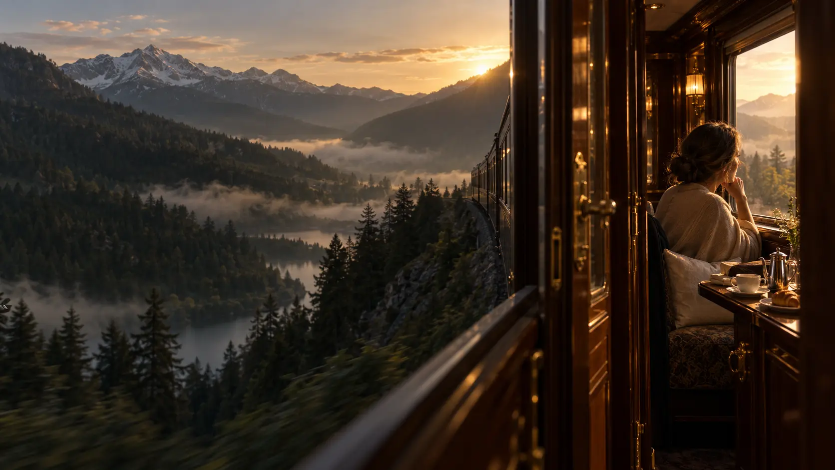 Heritage sleeper train travelling through misty mountains at dawn