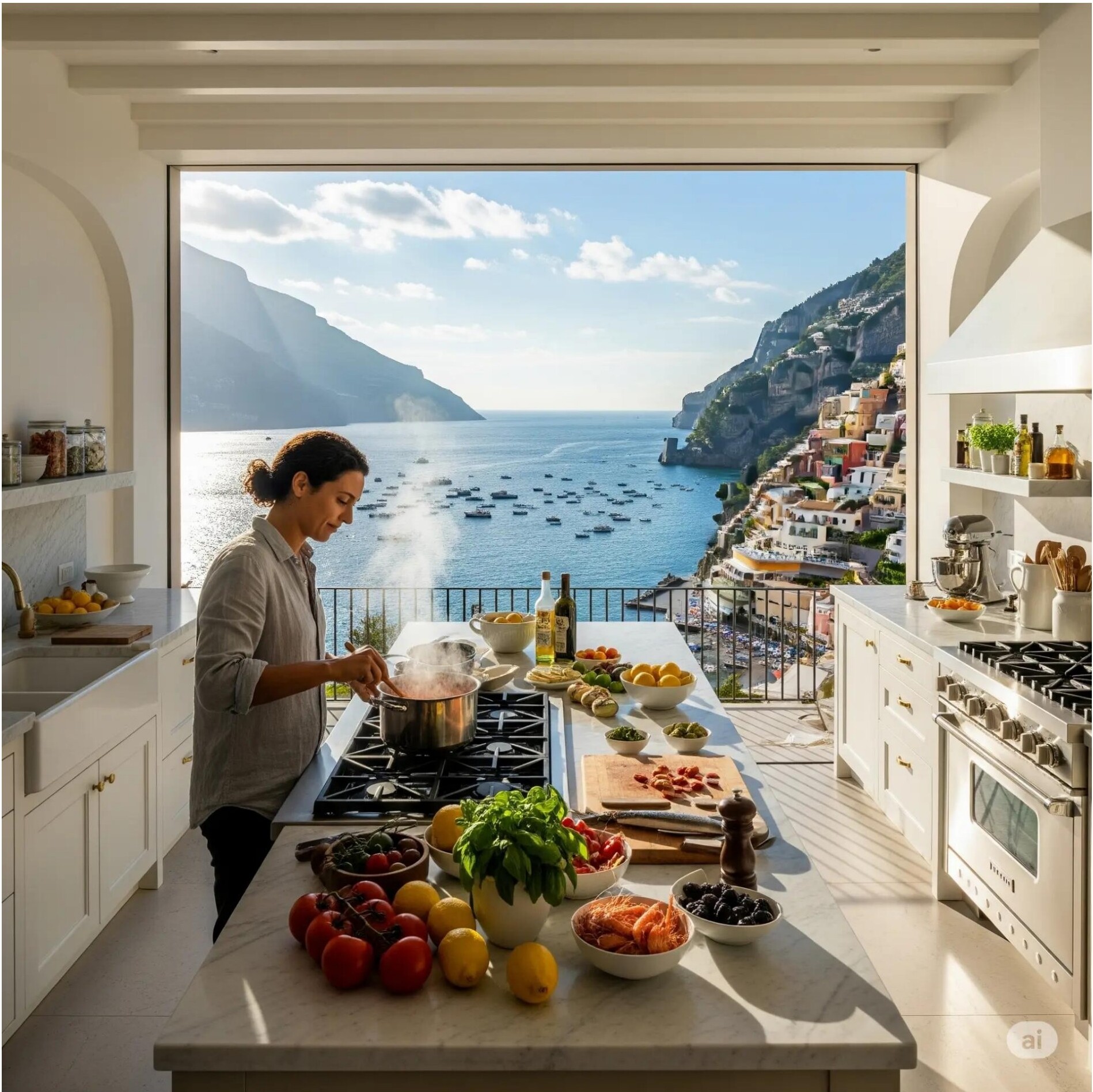 A woman cooking in a modern kitchen with a view of the coast.