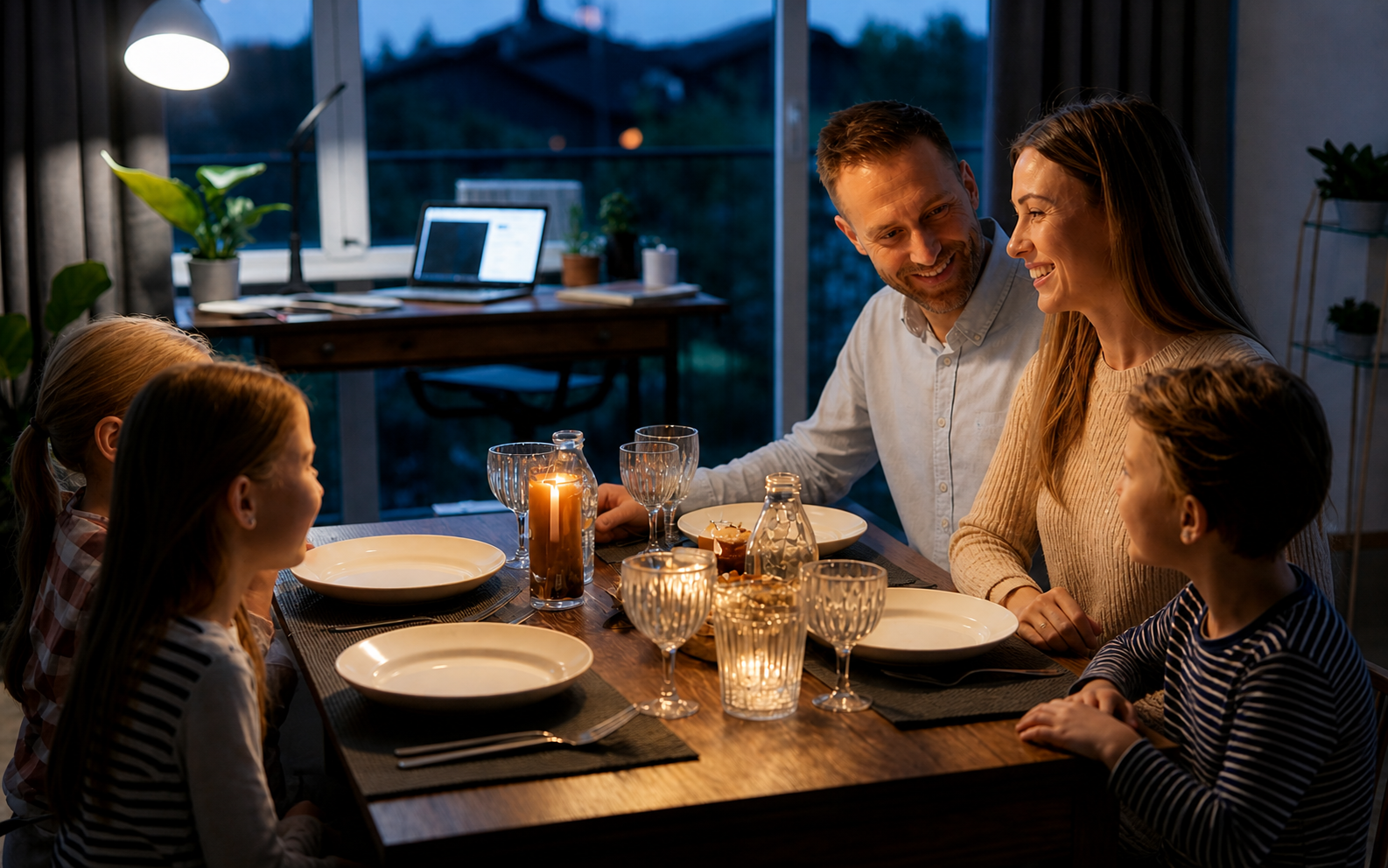 A family of four sitting at a dining table, engaged in conversation.