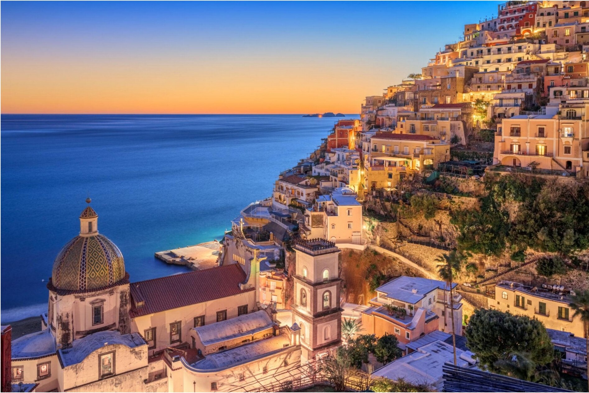 A coastal village on the Amalfi Coast at sunset