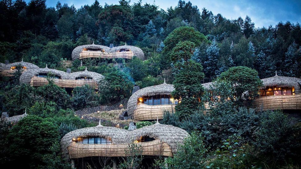 Thatched luxury lodge suites nestled into a forested hillside at dusk