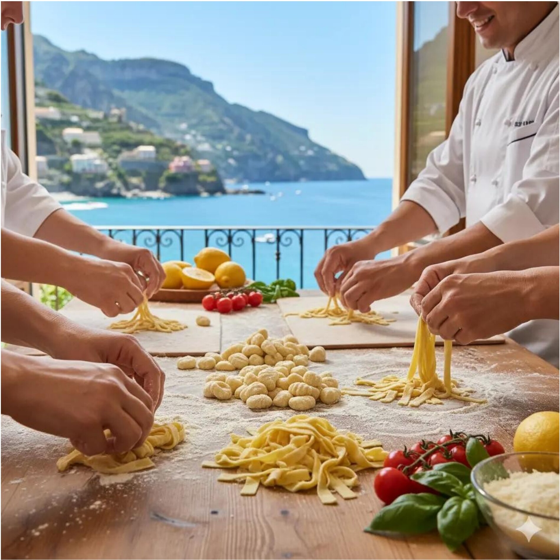 A group making fresh pasta at a wooden table with a coastal view.
