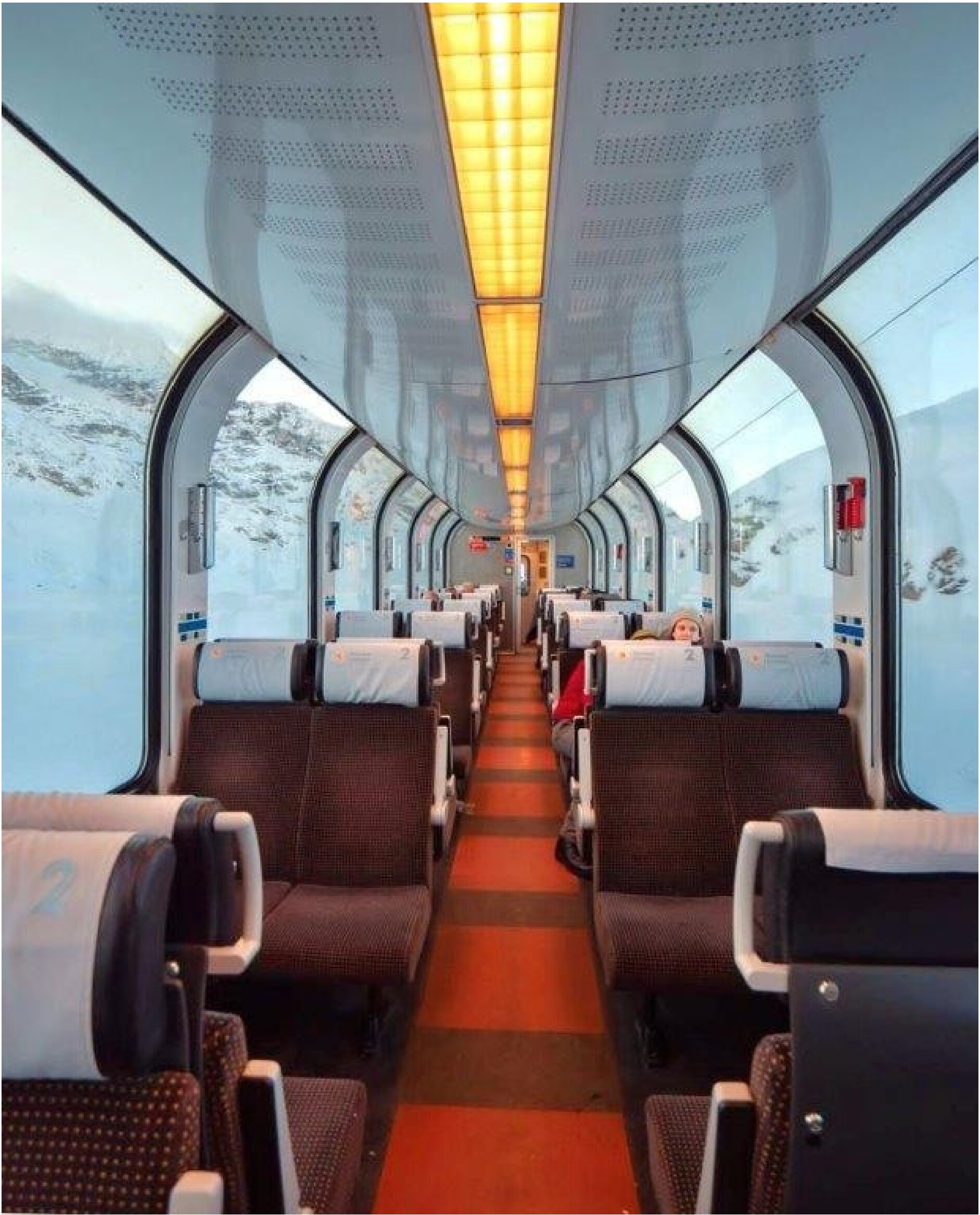 View from inside the train of a snowy mountain landscape.
