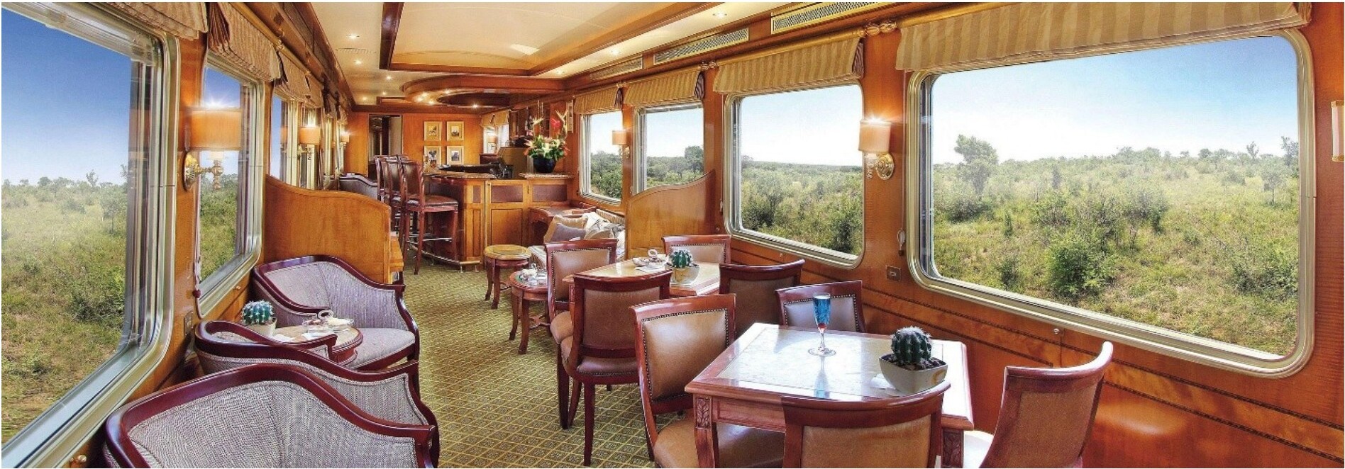 The interior of a luxury train dining car overlooking a savanna.