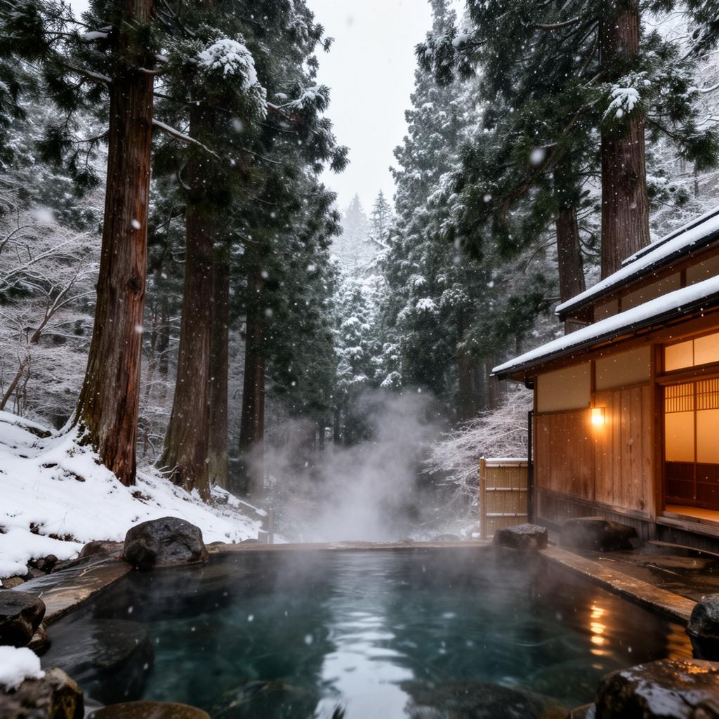 Private onsen in a snow-covered Hokkaido cedar forest